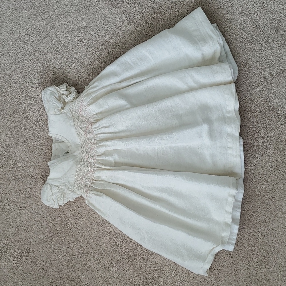 Maracuario - Off White Silk Dress w/ Bow Belt and Pink Stitching Details | 9M